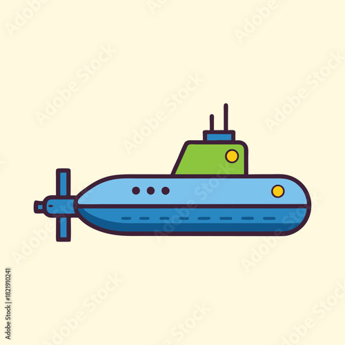 Simple cartoon style submarine floating on the surface of the water