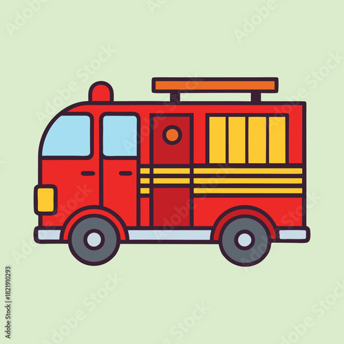 Stylized Fire Truck Illustration in Red and Yellow on Green Background