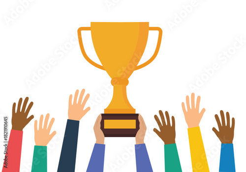 Success of teamwork. Winning team is celebrating trophy