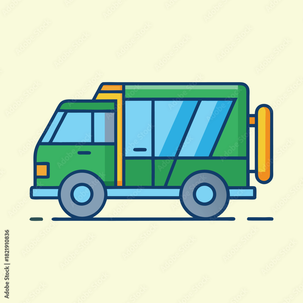 Fototapeta premium Cartoon Style Green Delivery Van with Yellow Accents Isolated on Beige