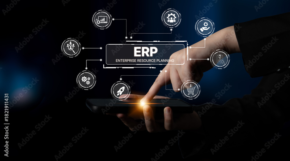 Fototapeta premium ERP platform visual showing centralized system for enterprise resource planning, improving integration, data flow, business efficiency, finance, inventory, and human resources. Spline