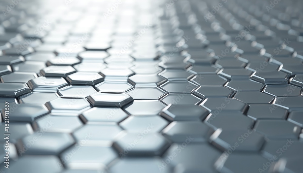 Fototapeta premium Abstract tech illustration shows repeating pattern of hexagonal tiles. Glossy grey 3D surface background is ideal for web design. Modern digital design concept is based on geometry.
