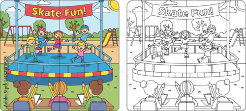 Children ice skating and art class coloring book page. Vector illustration of kids at a skating rink and students drawing, with colored and black and white outline versions for activity books.