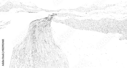 Black and white abstract depiction of a waterfall cascading over textured rocky terrain monochrome