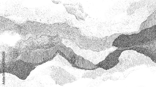 Abstract black and white textured landscape with wavy lines and dots pattern