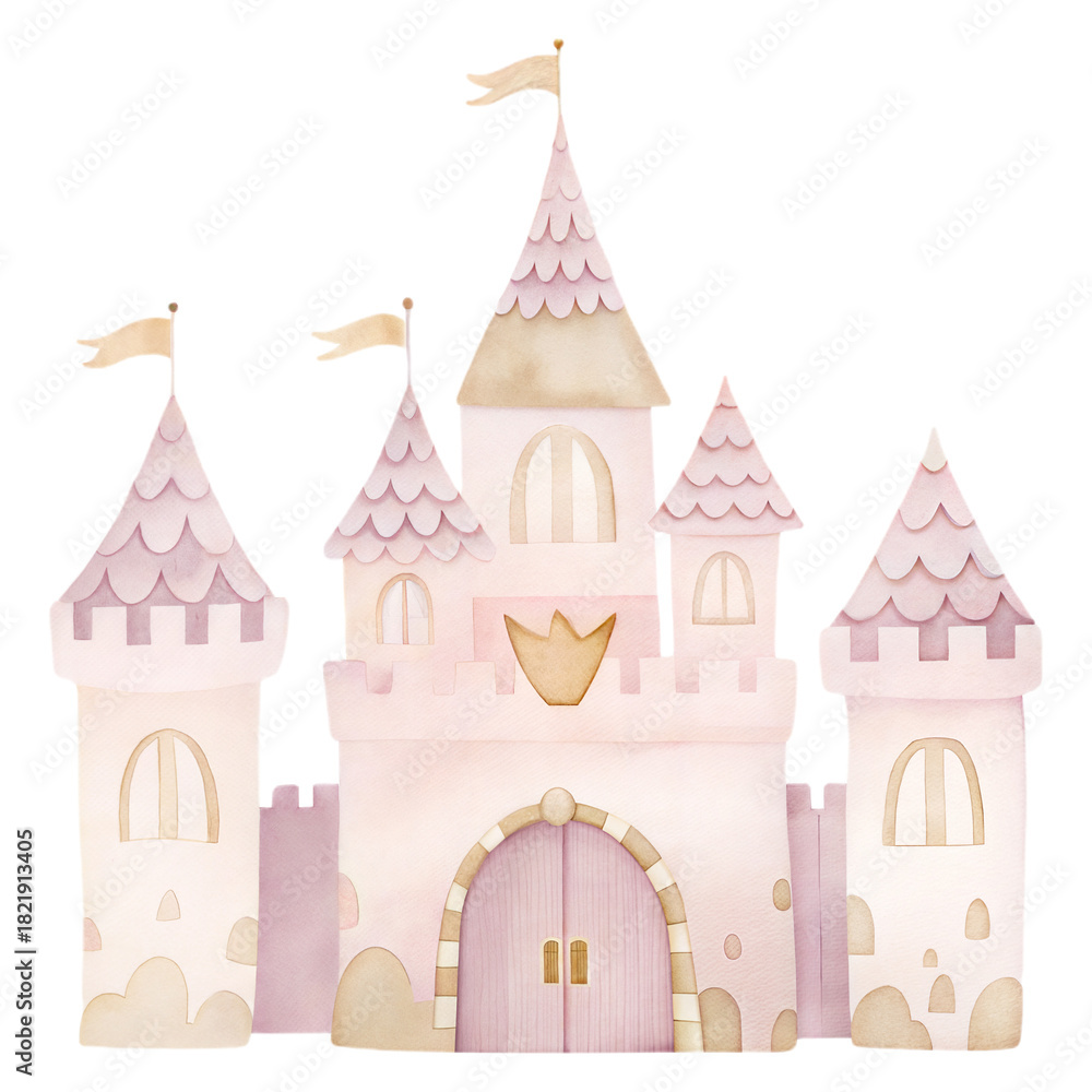 Naklejka premium Soft Pink Fairytale Castle Illustration with Towers, Flags and Cute Fantasy Details