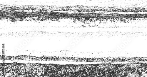 Black and white textured horizontal stripes with rough edges and speckles abstract background