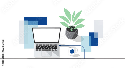Modern workspace illustration featuring laptop, coffee mug, and plant conveying productivity and a calm, creative atmosphere for remote work concepts