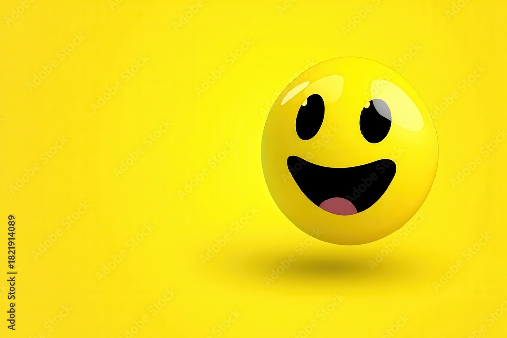 Fototapeta premium A single cheerful smiley face floating on a bright yellow background, radiating positivity and joy, perfect for various cheerful designs and messages.