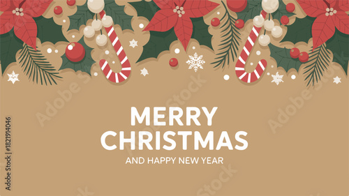 Merry Christmas and Happy New Year Greeting with Poinsettias