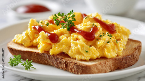 Delicious scrambled eggs on toast with ketchup and parsley garnish on a white plate on marble table