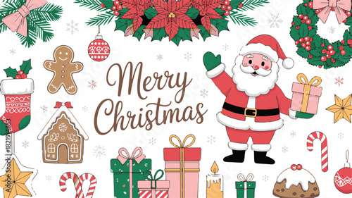 Merry Christmas Illustration with Santa and Gifts Keywords: christmas, santa claus, merry