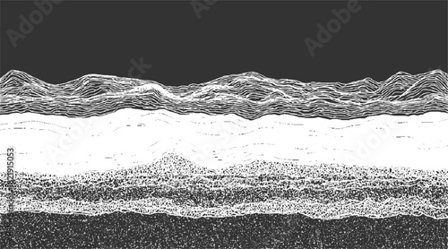 Black and white abstract topographic landscape with textured layers background