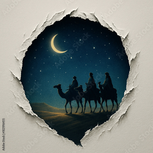 Three Kings caravan crescent torn paper jagged rip desert night glow Christmas illustration