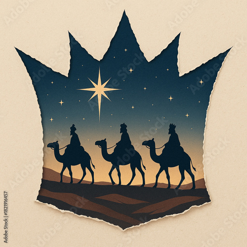 Three Kings caravan crown torn paper jagged aperture rugged texture flat Christmas composition