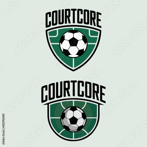 Courtcore soccer shield set with two green crests and classic ball, modern football team logo collection, versatile sports branding vector for kits and uniforms