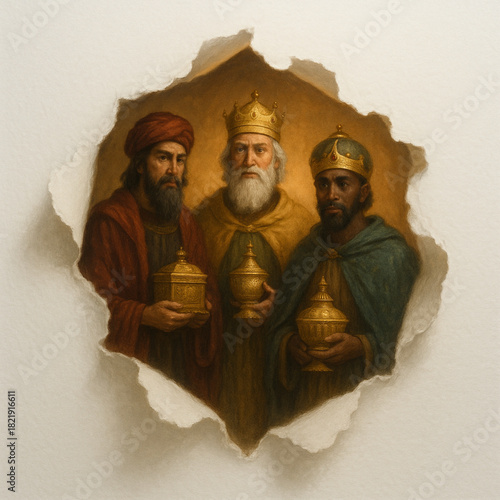 Three Wise Men cloud torn paper jagged tear warm glow white background Christmas composition