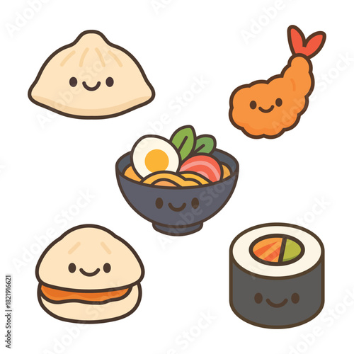 Cute Asian Food Icons Set – Kawaii Dumpling, Sushi, Ramen Bowl, Tempura & Bao Illustration