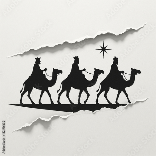 Three Wise Men double torn paper silhouettes parallel jagged tears caravan white background vector illustration