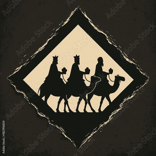 Three Wise Men silhouettes diamond torn paper rugged aperture clean vector Christmas illustration