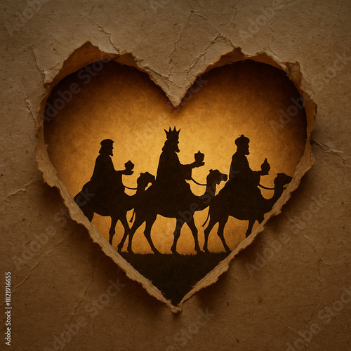 Three Wise Men silhouettes heart torn paper jagged gap golden glow Christmas illustration