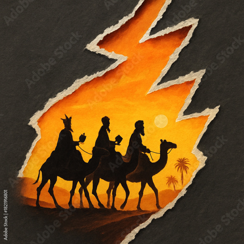 Three Wise Men silhouettes lightning torn paper jagged zigzag desert glow Christmas illustration