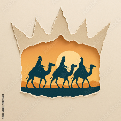 Three Kings caravan crown torn paper jagged aperture rugged texture flat Christmas composition