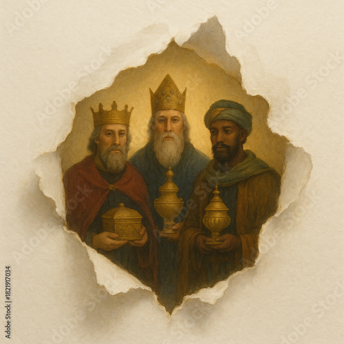 Three Wise Men cloud torn paper jagged tear warm glow white background Christmas composition