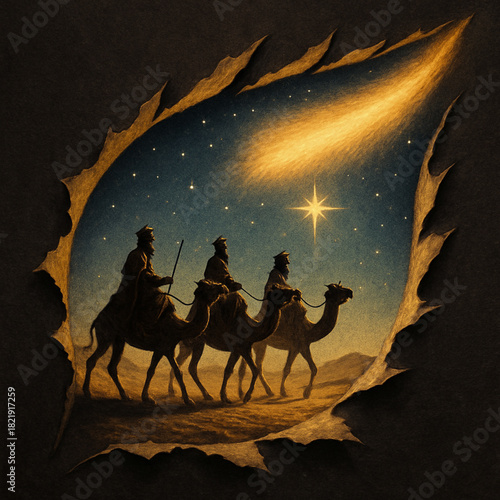 Three Kings caravan comet torn paper jagged tear glowing tail desert Christmas composition