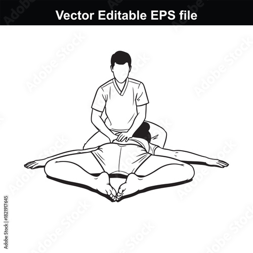 Illustration of a person performing thai massage on another person lying on the floor, isolated on white background