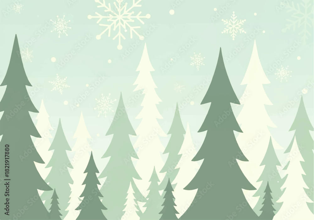 Obraz premium Winter scene with stylized evergreen trees in varying shades of green and white snowflakes falling against a light blue background.