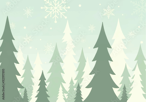 Winter scene with stylized evergreen trees in varying shades of green and white snowflakes falling against a light blue background.