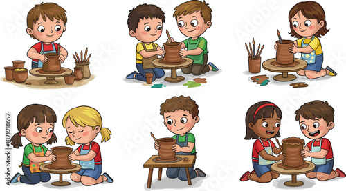 “Happy children creating clay pottery together in an art class, colorful cartoon illustration of kids sculpting and painting ceramic crafts”