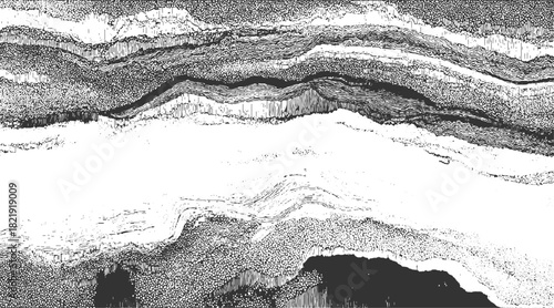 Black and white abstract textured background with layered wavy lines and stippled patterns vector