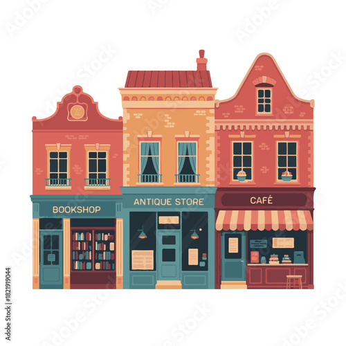Retro Style Old Town Building Facades Vector Illustration Set.