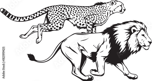 Dynamic duo cheetah and lion running together majestic african wildlife predators in motion