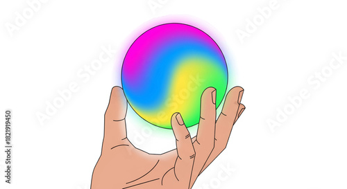 Hand holding a mesmerizing orb of swirling colors that seems to glow with cosmic energy, perfect for fantasy games or captivating spiritual art projects