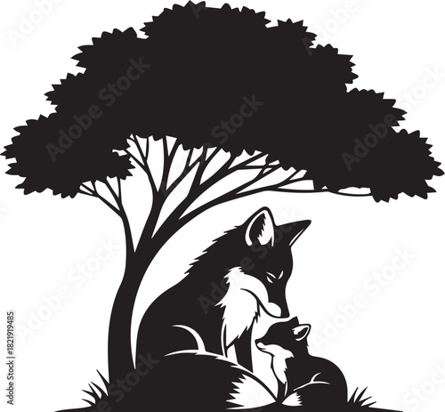 Silhouette of a mother fox and cub resting peacefully under a large detailed tree