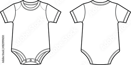 Baby onesie sketch, front and back view, fashion flat, garment design, stitching details, apparel template, infant clothing illustration