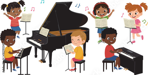 Joyful children learning piano together in a fun music classroom, playing instruments, reading sheet music, and enjoying creative musical education