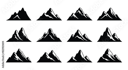 Collection of diverse black and white mountain peak icons representing nature, adventure, and exploration