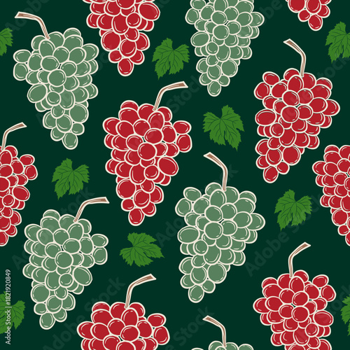 Seamless vector pattern red and green grape clusters with leaves on a dark background. Perfect for packaging, textiles, and fruit-themed designs.