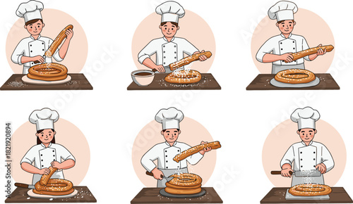 Chef decorating pretzel pastry with sugar using wooden tool in bakery kitchen, professional cook preparing sweet baked dessert illustration set