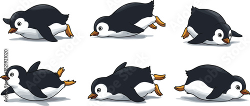 “Cute baby penguin sliding on ice in playful cartoon style, adorable arctic wildlife illustration, winter animal character, fun animation pose”