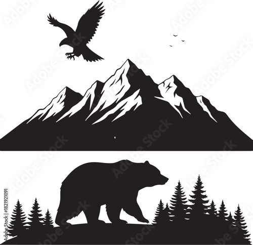 Majestic wildlife silhouette scene with mountains bear eagle and pine forest nature landscape