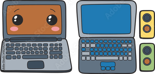 Cartoon laptops, cute tech icons, smiling screen, desktop speakers, playful electronics, anthropomorphic computer, stylized devices, tech illustration
