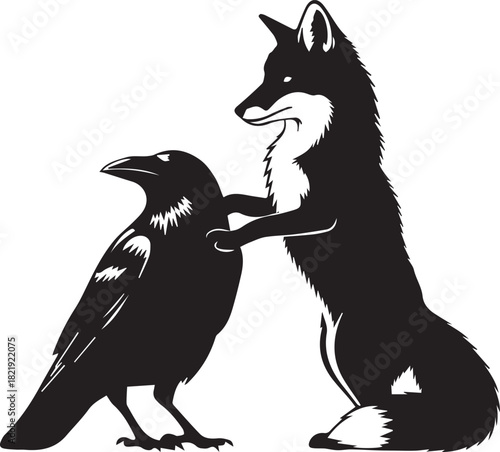 Black fox and raven encounter nature wildlife duo silhouette standing together