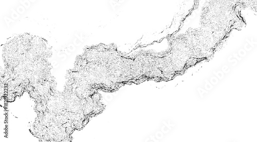 Black and white contour map of winding river valley with textured hills topography terrain