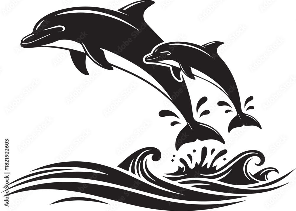 Naklejka premium Two playful dolphins leap from ocean waves in a striking black and white graphic design