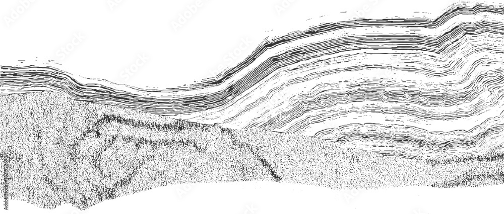 Obraz premium Black and white abstract pattern of layered geological strata and textured rock formations background